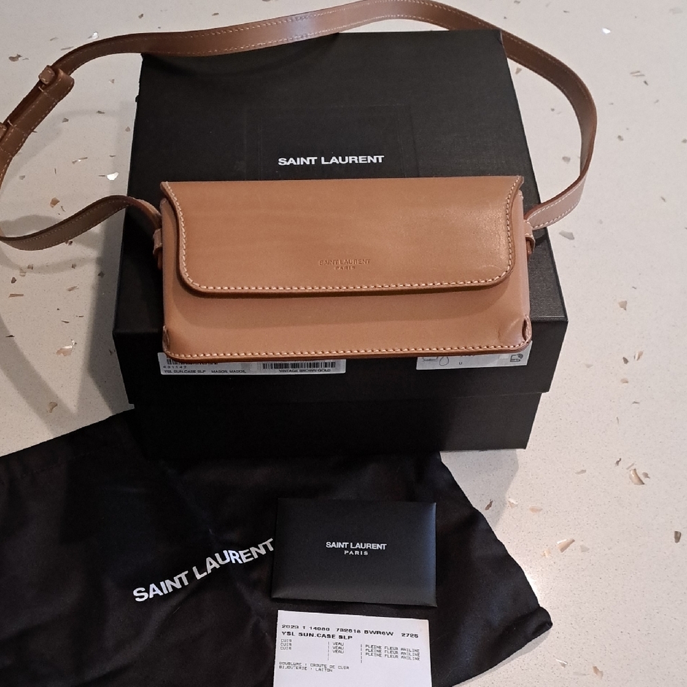 NIB Saint Laurent Camel Leather Strapped Sunglass Case